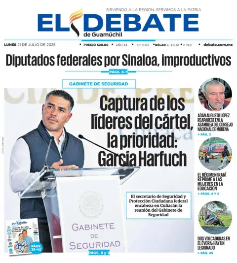 Portada de El Debate de Guamuchil del lunes, 21 de julio de 2025