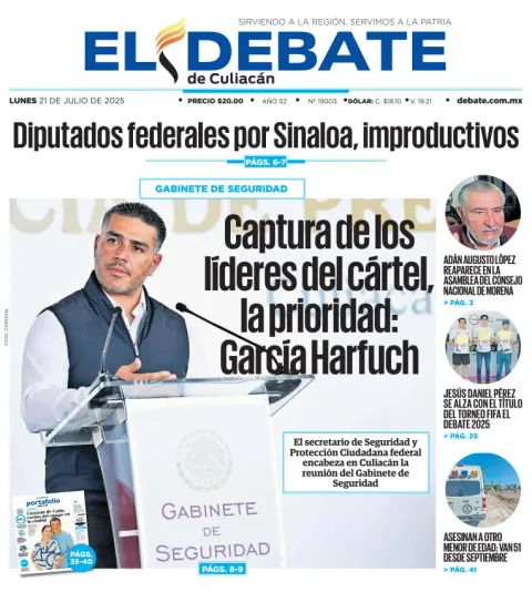 Portada de El Debate de Culiacan del lunes, 21 de julio de 2025