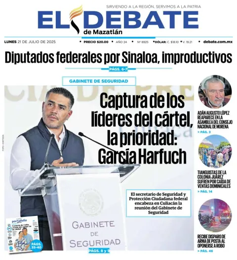 Portada de El Debate de Mazatlan del lunes, 21 de julio de 2025