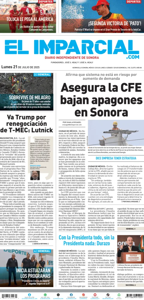 Portada de El Imparcial del lunes, 21 de julio de 2025