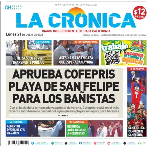 Portada de La Cronica del lunes, 21 de julio de 2025