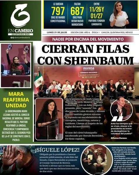 Portada de En Cambio - Quintana Roo (portada) del lunes, 21 de julio de 2025