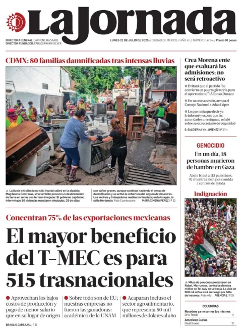 Portada de La Jornada del lunes, 21 de julio de 2025