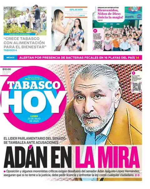 Portada de Tabasco Hoy del lunes, 21 de julio de 2025