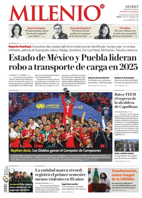Portada de Milenio Edo de Mexico del lunes, 21 de julio de 2025