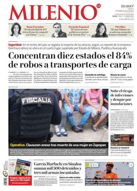 Portada de Milenio Jalisco del lunes, 21 de julio de 2025