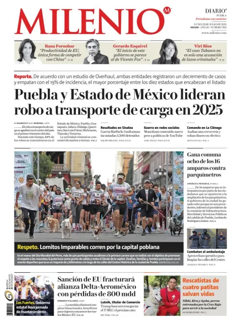 Portada de Milenio Puebla del lunes, 21 de julio de 2025