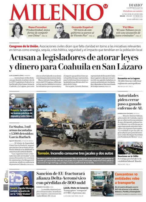Portada de Milenio Laguna del lunes, 21 de julio de 2025