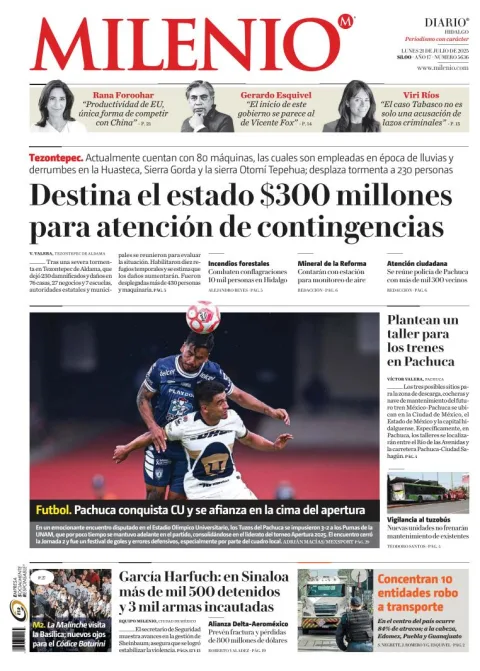 Portada de Milenio Hidalgo del lunes, 21 de julio de 2025