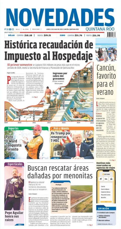 Portada de Novedades Quintana Roo del lunes, 21 de julio de 2025