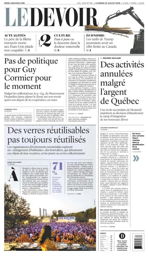 Portada de Le Devoir del martes, 22 de julio de 2025