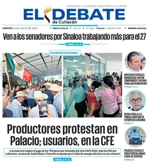 Portada de El Debate de Culiacan del martes, 22 de julio de 2025