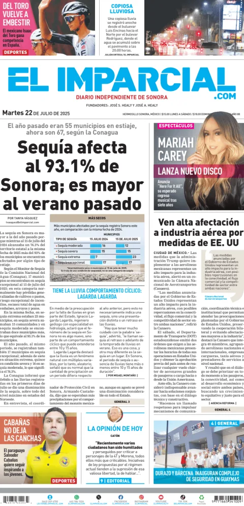 Portada de El Imparcial del martes, 22 de julio de 2025