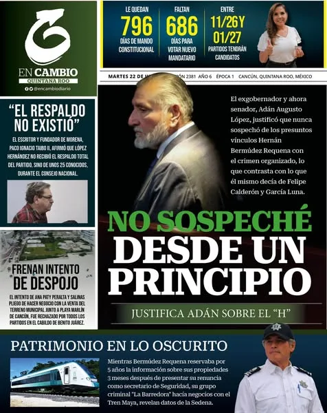 Portada de En Cambio - Quintana Roo (portada) del martes, 22 de julio de 2025