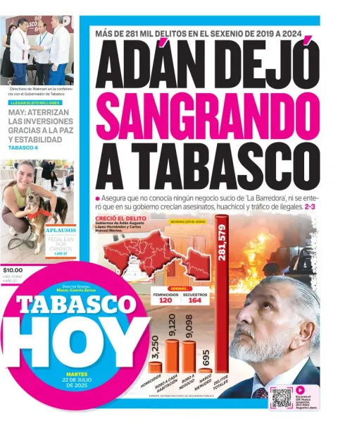 Portada de Tabasco Hoy del martes, 22 de julio de 2025