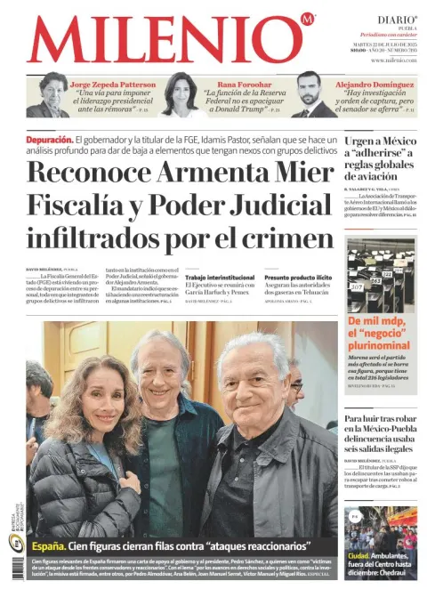 Portada de Milenio Puebla del martes, 22 de julio de 2025