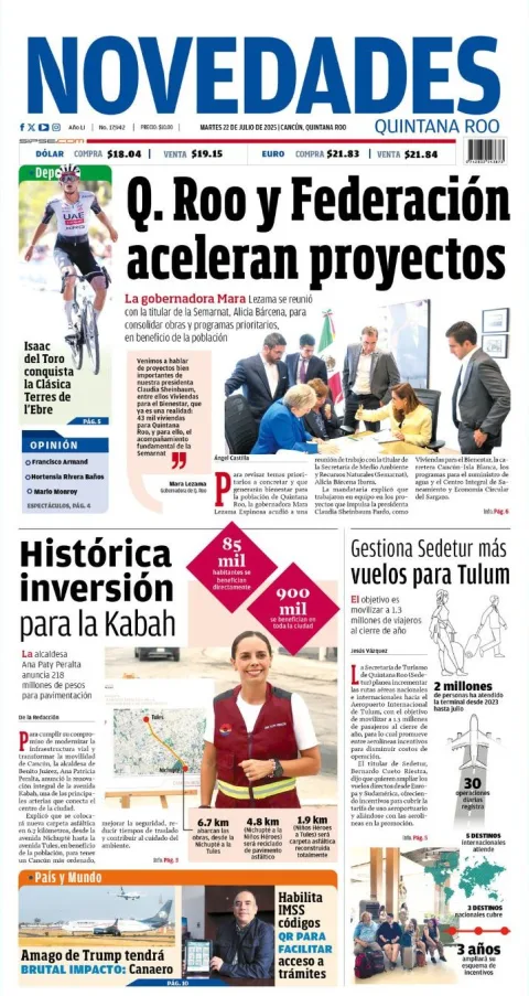 Portada de Novedades Quintana Roo del martes, 22 de julio de 2025