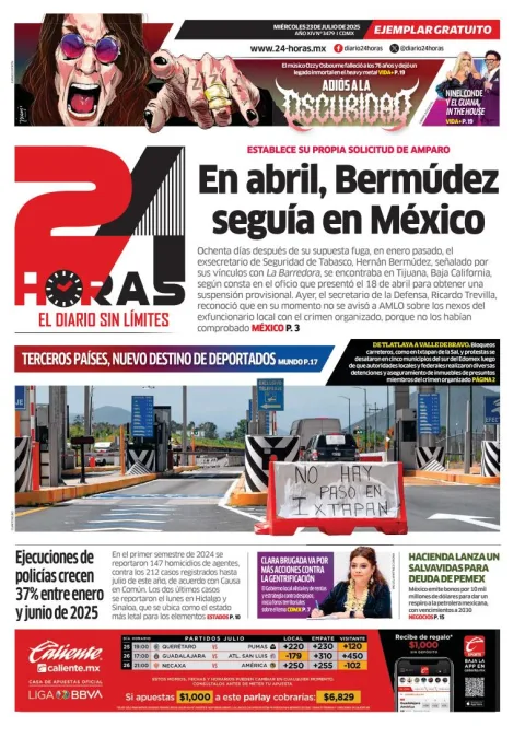Portada de 24 Horas del miércoles, 23 de julio de 2025