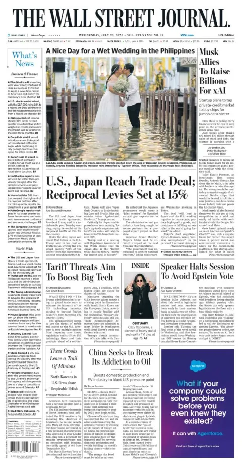 Portada de The Wall Street Journal del miércoles, 23 de julio de 2025