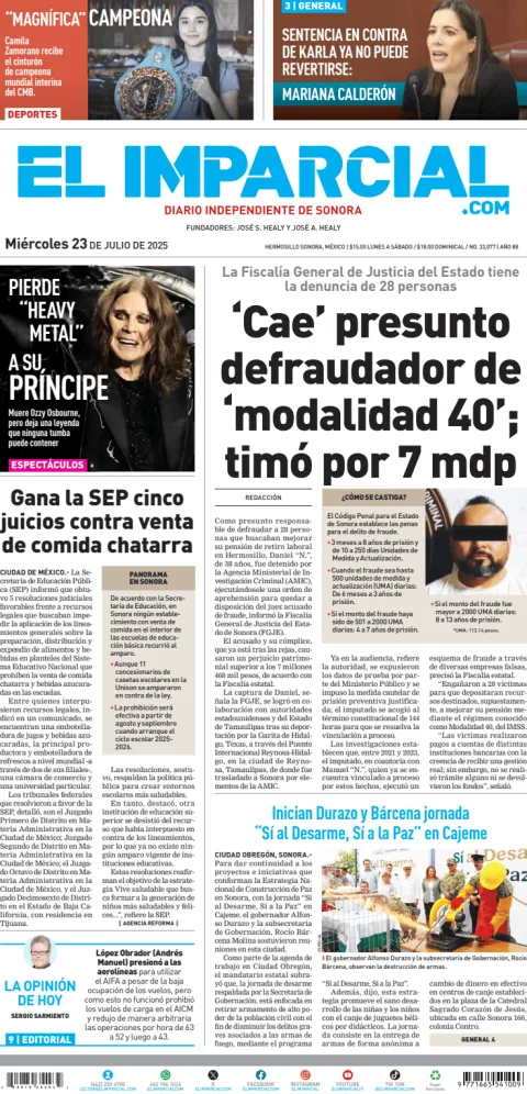Portada de El Imparcial del miércoles, 23 de julio de 2025