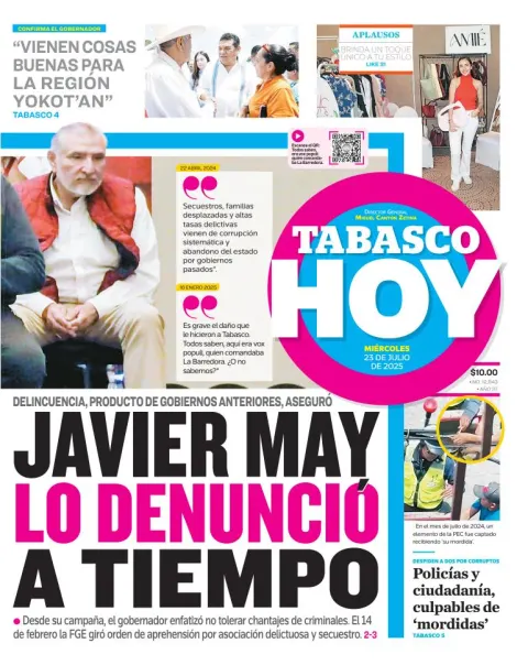 Portada de Tabasco Hoy del miércoles, 23 de julio de 2025