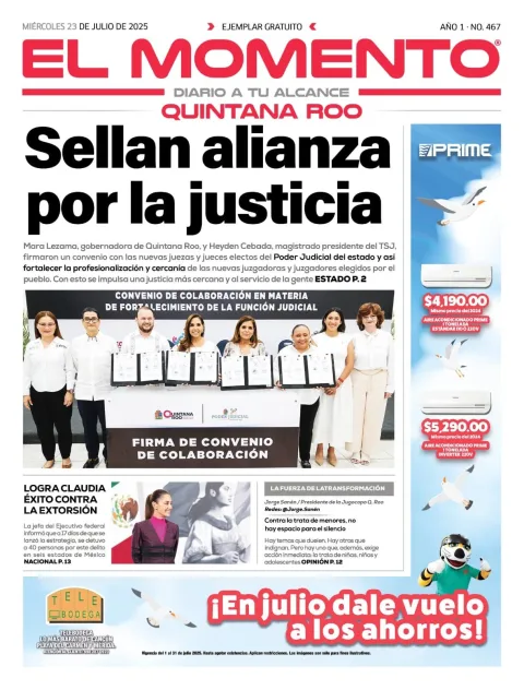 Portada de El Momento Quintana Roo del miércoles, 23 de julio de 2025