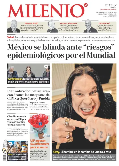 Portada de Milenio del miércoles, 23 de julio de 2025