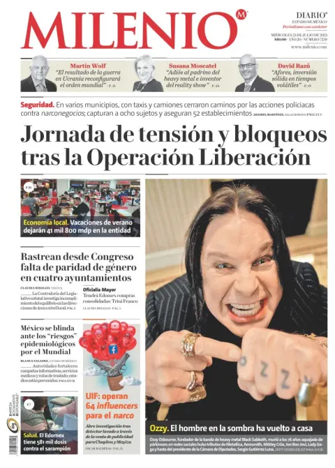 Portada de Milenio Edo de Mexico del miércoles, 23 de julio de 2025
