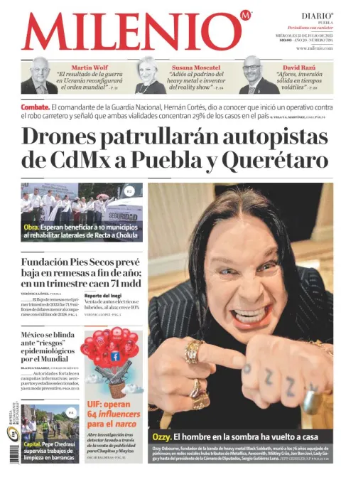Portada de Milenio Puebla del miércoles, 23 de julio de 2025
