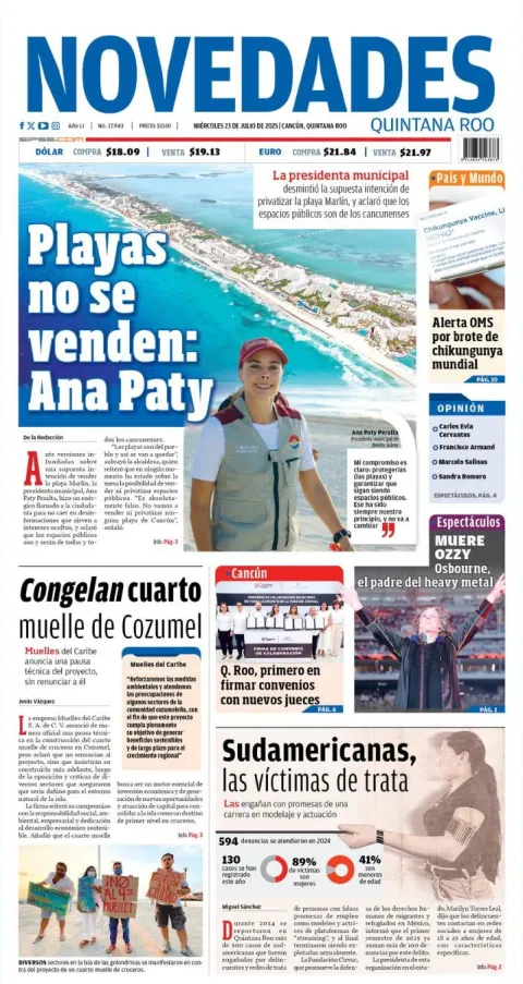 Portada de Novedades Quintana Roo del miércoles, 23 de julio de 2025