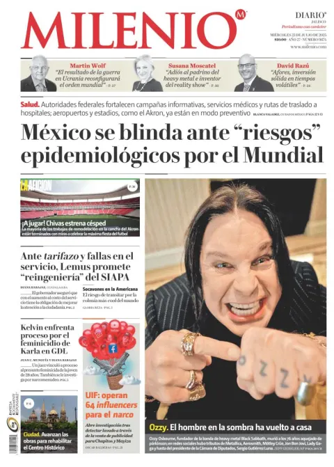 Portada de Milenio Jalisco del miércoles, 23 de julio de 2025