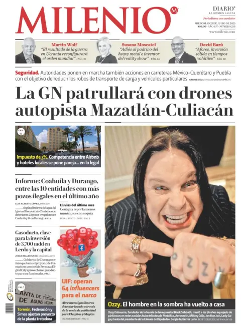 Portada de Milenio Laguna del miércoles, 23 de julio de 2025