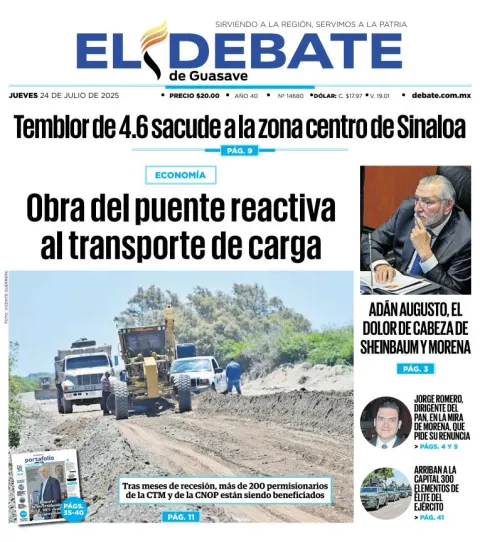 Portada de El Debate de Guasave del 2025-07-24