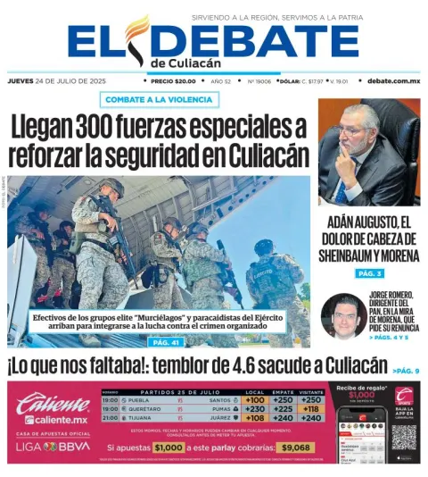 Portada de El Debate de Culiacan del jueves, 24 de julio de 2025