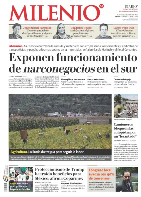 Portada de Milenio Edo de Mexico del jueves, 24 de julio de 2025