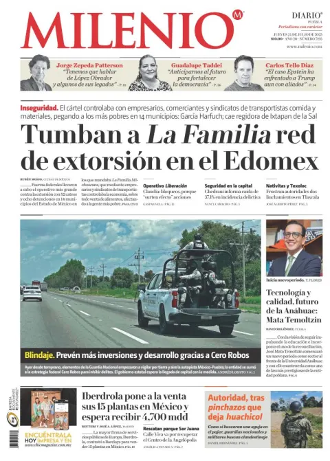 Portada de Milenio Puebla del jueves, 24 de julio de 2025