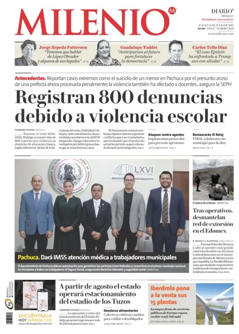 Portada de Milenio Hidalgo del jueves, 24 de julio de 2025