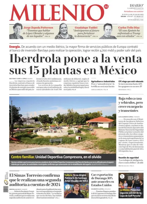 Portada de Milenio Laguna del jueves, 24 de julio de 2025