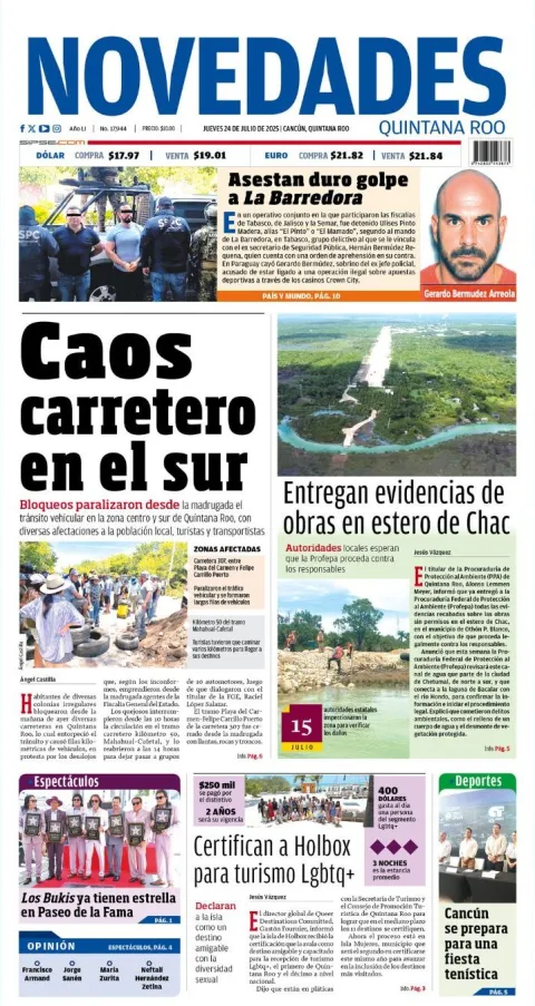 Portada de Novedades Quintana Roo del jueves, 24 de julio de 2025