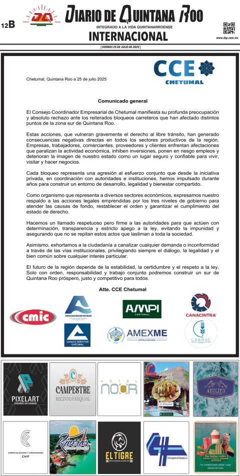Portada de Diario de Quintana Roo (contra Portada)