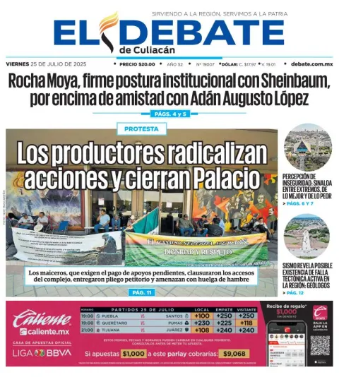 Portada de El Debate de Culiacan del viernes, 25 de julio de 2025