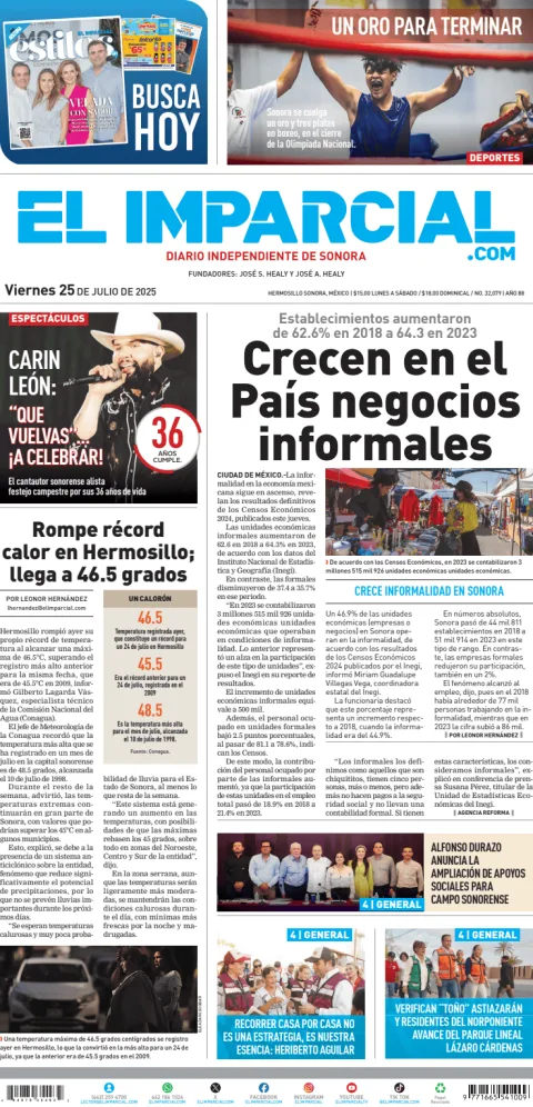 Portada de El Imparcial del viernes, 25 de julio de 2025