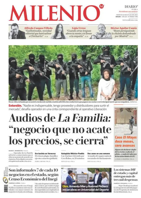 Portada de Milenio Puebla del viernes, 25 de julio de 2025
