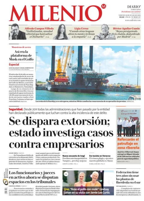 Portada de Milenio Tamaulipas del viernes, 25 de julio de 2025