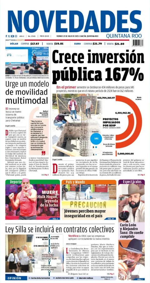 Portada de Novedades Quintana Roo del viernes, 25 de julio de 2025