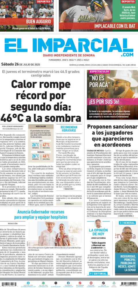 Portada de El Imparcial del sábado, 26 de julio de 2025
