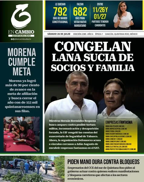 Portada de En Cambio - Quintana Roo (portada) del sábado, 26 de julio de 2025