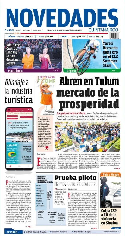 Portada de Novedades Quintana Roo del sábado, 26 de julio de 2025