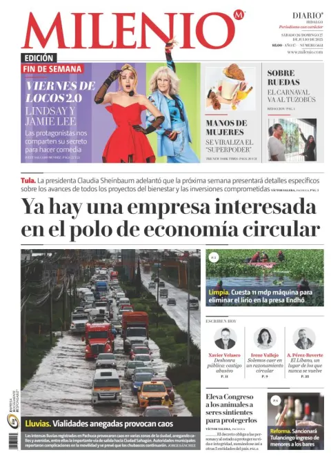 Portada de Milenio Hidalgo del sábado, 26 de julio de 2025