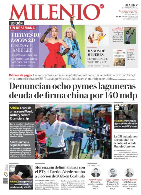 Portada de Milenio Laguna del sábado, 26 de julio de 2025